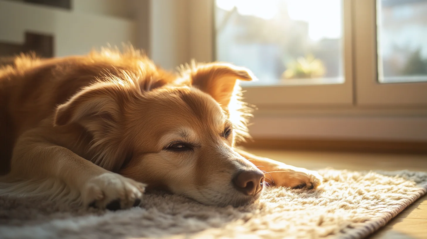 A calm dog resting alone at home in soft natural window light