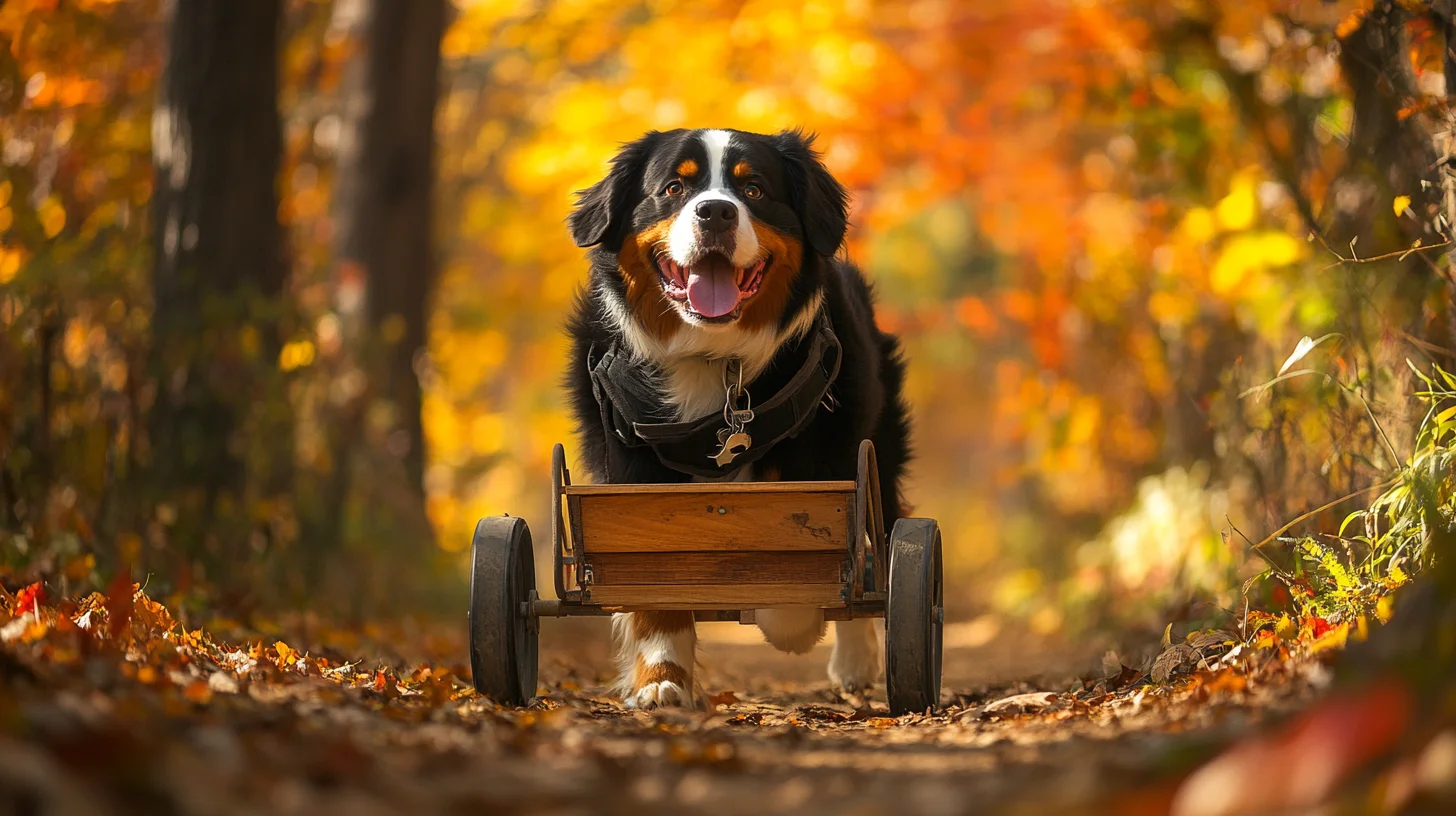 Bernese Mountain Dog pulling a wooden cart on a New England forest trail