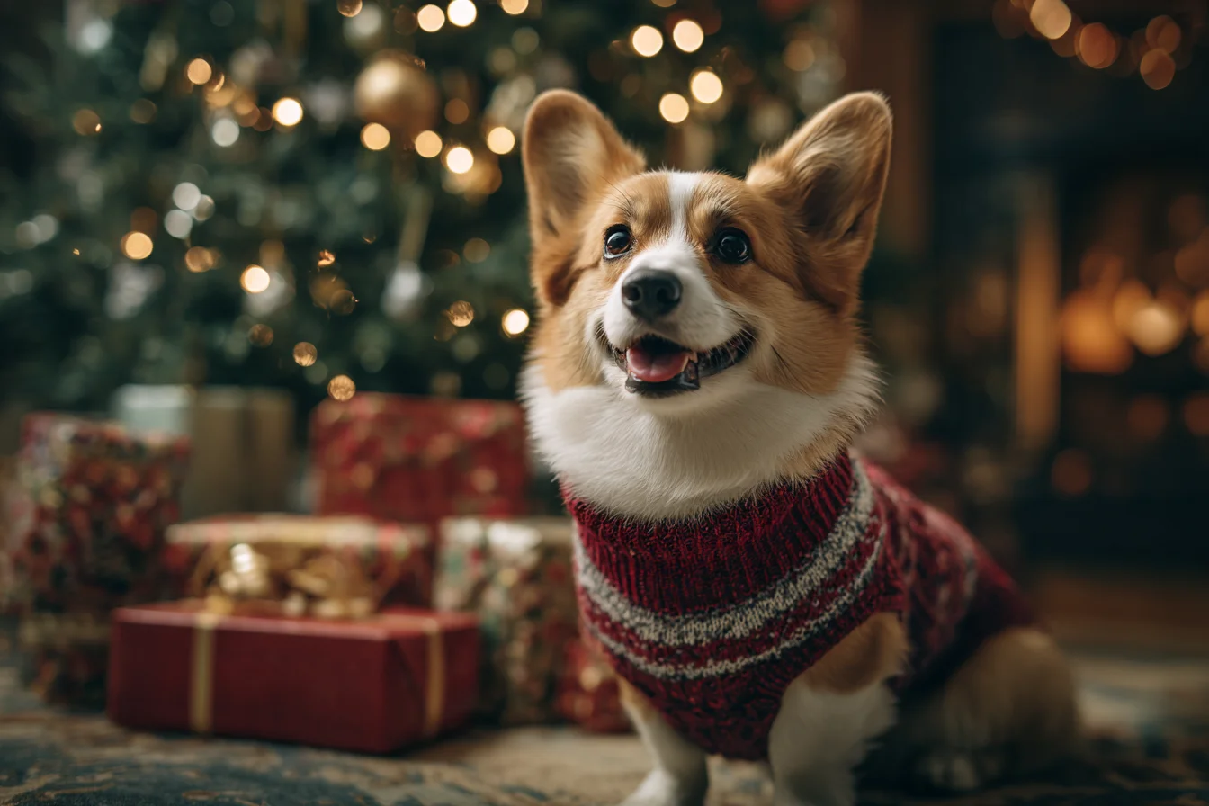 Corgi in a red knit sweater sitting beside a lit Christmas tree with wrapped presents