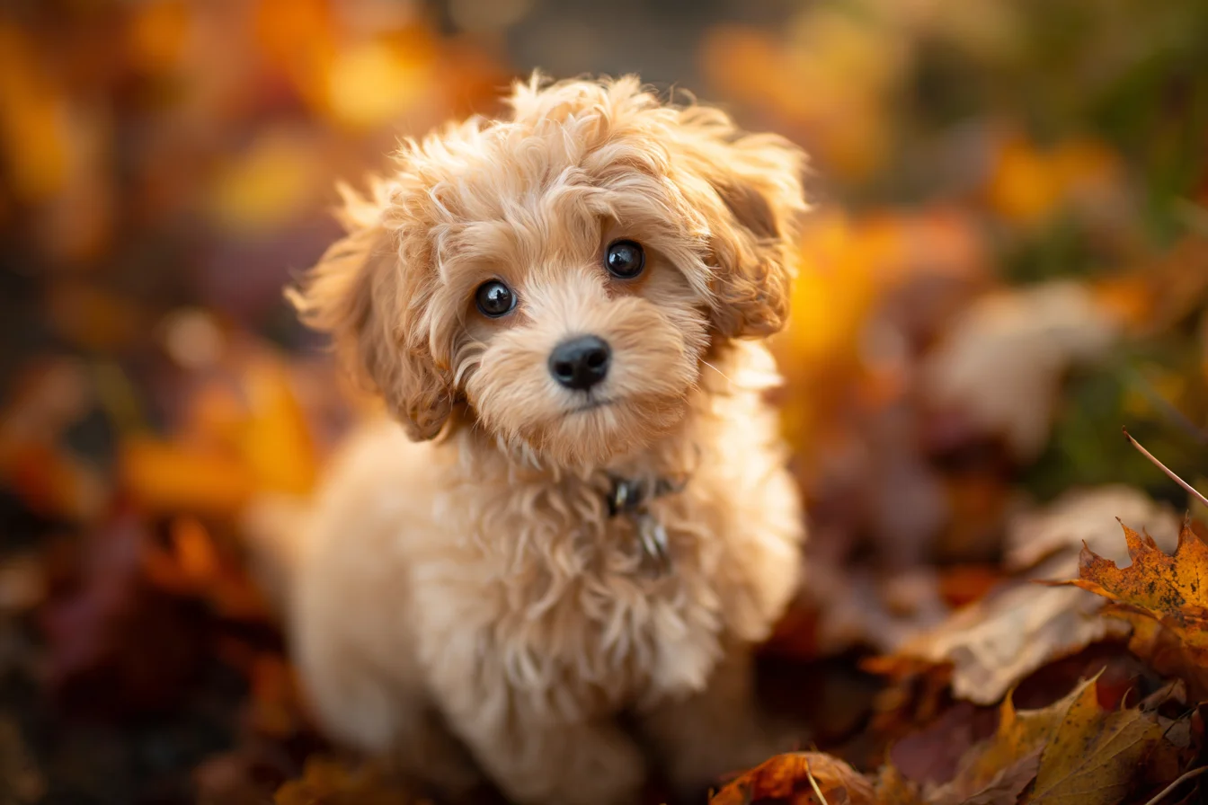 Apricot cavapoo puppy sitting in autumn leaves with its head tilted at the camera