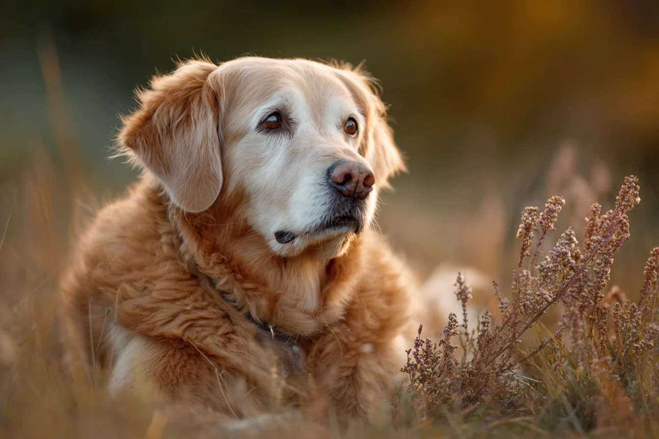 Senior golden retriever with a white muzzle lying in a sunlit meadow